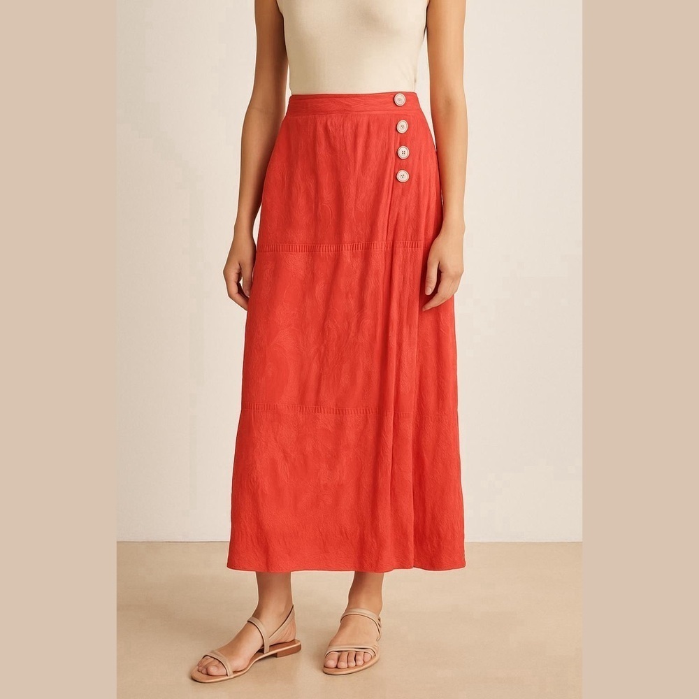 Vintage Foschini Elegant Coral Orange Abalone Button-Detail Embroidered Skirt 10